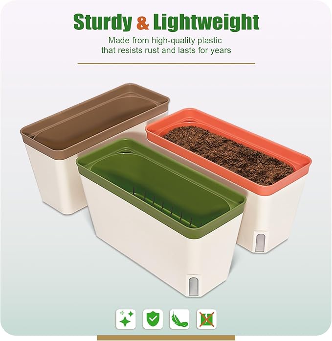 OurWarm Windowsill Herb Planter Box, Set of 3 Self Watering Plant Pots, 10.5 Inch Rectangular Planter Pot, Decorative Garden Flower Pots for Indoor Plants, Herbs, Vegetables, Flowers (3 Colors)