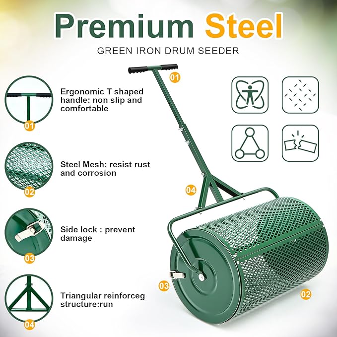 Hiboom 36 Inch Compost Spreader, Peat Moss Spreader, Manure Roller with Adjustable T Shaped Handle, Lightweight Metal Mesh for Lawn Garden Spreading Manure Topsoil (Green)