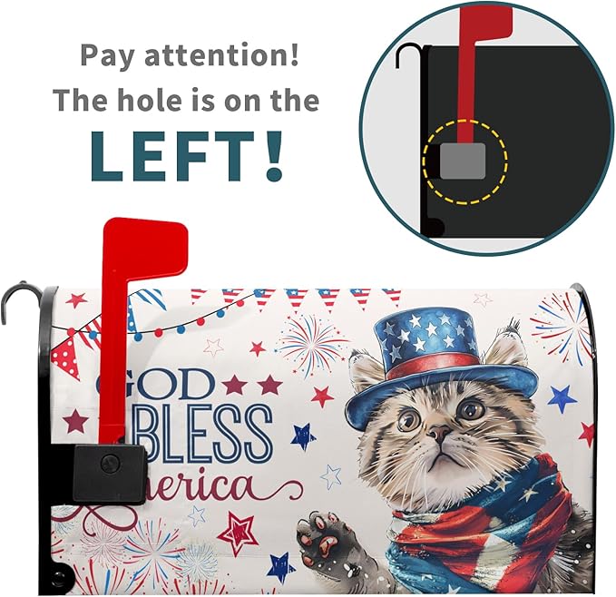 4th of July Cat Mailbox Cover Magnetic Large Size God Bess America Flag Stars Patriotic Firework Mailbox Wrap Letter Post Cover 25.5x21 Inch for Garden Yard Outside Outdoor Decor