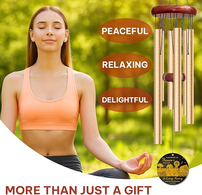 Personalized Farming Memorial Wind Chime – “Farming in Heaven’s Fields” Custom Name & Years – Tractor & Angel Engraved Sympathy Gift for Farmers – Outdoor Remembrance Windchime for Loss of Loved One
