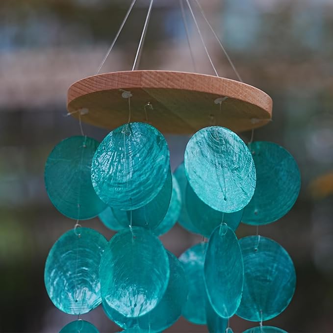 Capiz Shell Wind Chime for Outside 28” Sea Glass Wind Chime Ocean/Beach Themed Chime Gift for Women Mother’s Day Decoration Atrovirens