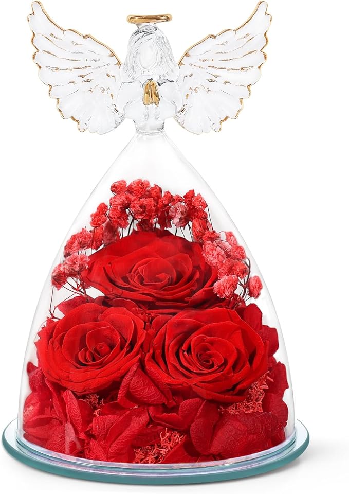 Preserved Flower Rose Gifts for Women, Forever Eternal Fresh Flowers in Glass Angel Figurines Flowers for Delivery Prime Red Roses for Grandma Mom Sister Her Wife on Mothers Day Birthday Christmas