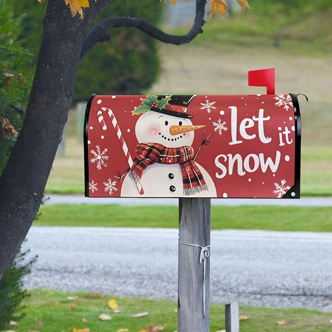 SUABO Mailbox Cover Red Background Snowman Oversize Magnetic Mailbox Covers Wraps for Christmas Home Yard Garden Decor