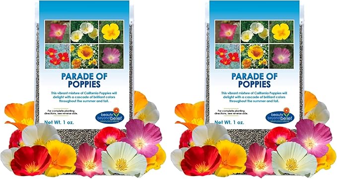 Parade of Poppy Wildflower Seeds - 1oz, Open-Pollinated Flower Seed Mix Packets, No Fillers, Annual, Perennial Wildflower Seeds, Year Round Planting - 1 oz (Pack of 2)