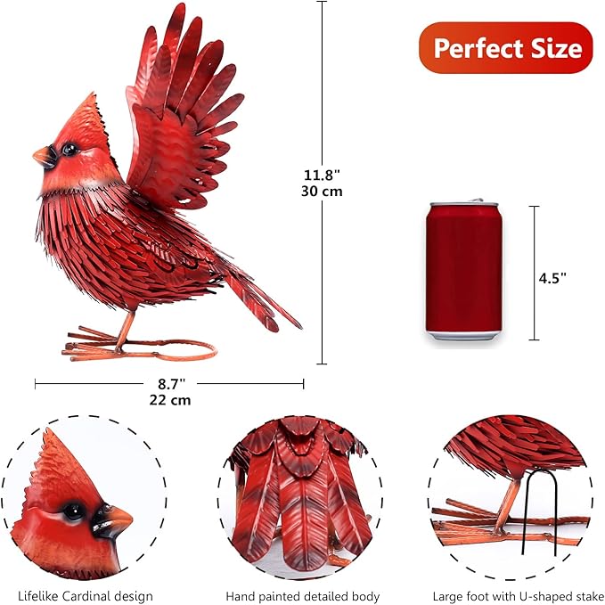 Nacome Cardinal Garden Decor Metal Yard: Art Outdoor Sculptures & Statues Large Red Bird Ornaments for Patio Balcony Front Backyard - Christmas Birthday Gifts for Mom Grandma Women