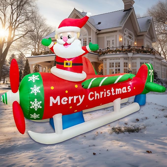 KOOY 9FT Christmas Inflatables Santa Claus on Airplane Outdoor Decorations Blow Up Giant Yard Decoration Bright LED Lights for Garden Yard Lawn Outdoor Indoor Holiday Xmas Gifts