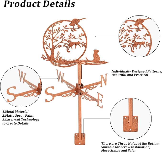 SUPERDANT Tree Cat Weather Vane Playing Cats Wind Vanes for Yard Animal Metal Weathervane Roof Mount for Gardens Outside Reddish Copper Weathervanes Farmhouse Farm Barn Sheds Patio Decorations