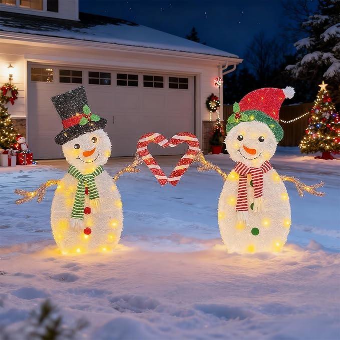 Outdoor Christmas Decorations, Light Up Snowman Couple, 32 Inch, Warm White LED Lights, Christmas Yard Decorations with 80 LEDs, 2M Cord, Weather-Resistant