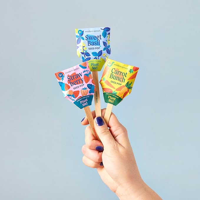 Modern Sprout Seed Pops - Organic Non-GMO Carrot, Strawberry & Basil Seeds for Planting - Fun Family Activity - Ideal for Indoor & Outdoor - Playful Gift for Kids, Adults and Plant Lovers (Pack of 12)