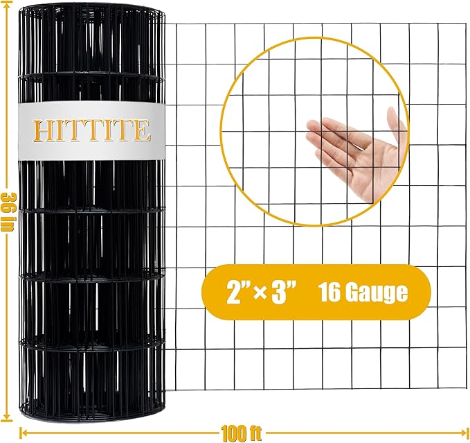 Black PVC Coated Welded Wire Fence, 36in(H) x100ft(L), 2 inch x 3 inch 16GA Garden Border Fence Roll, Vinyl Metal Chicken Wire Fencing Mesh Roll for Yard Vegetable Plant Protection Poultry Netting