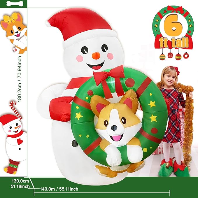 6FT Inflatable Outdoor Decorations, Christmas Blow Ups Snowman Decor with Corgi on The Wreath, Yard Decorations with LED for Outside Indoor Holiday Party Lawn