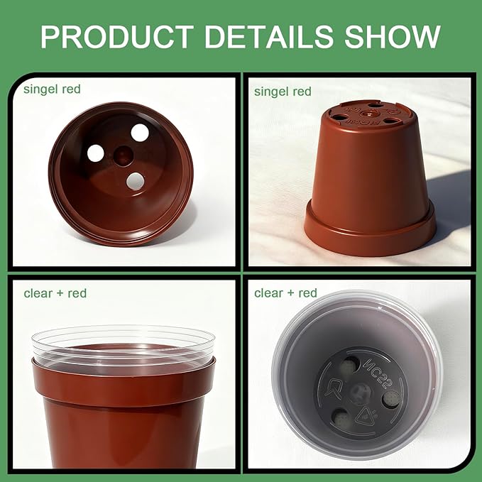 2 Inch Round Nursery Seedling Pots (Red+Clear),100 Pack Mini Plastic Seedling Planter,Sturdy Small Plastic Pots with Drainage Holes for Seed Starting, Succulents, Indoor Outdoor Gardening