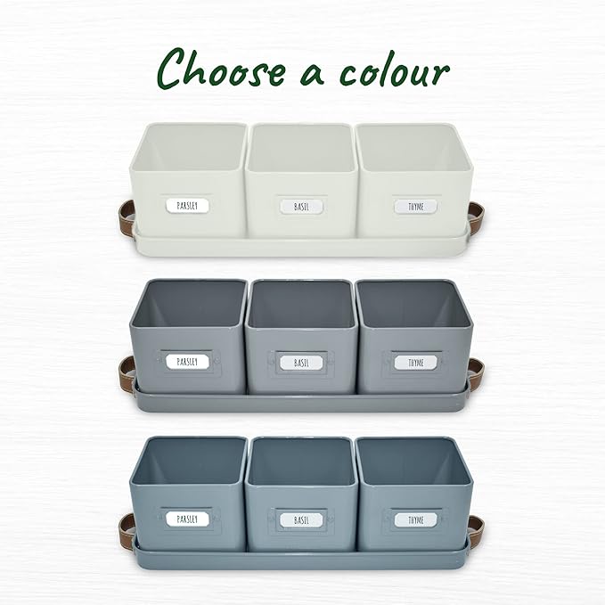 volila Herb Planter Indoor - Set of 3 Grey Indoor Herb Garden Pots for Plants with Leather Handled Tray - Window Sill Plant Shelf - Herb Pots with Drainage Holes and Labels