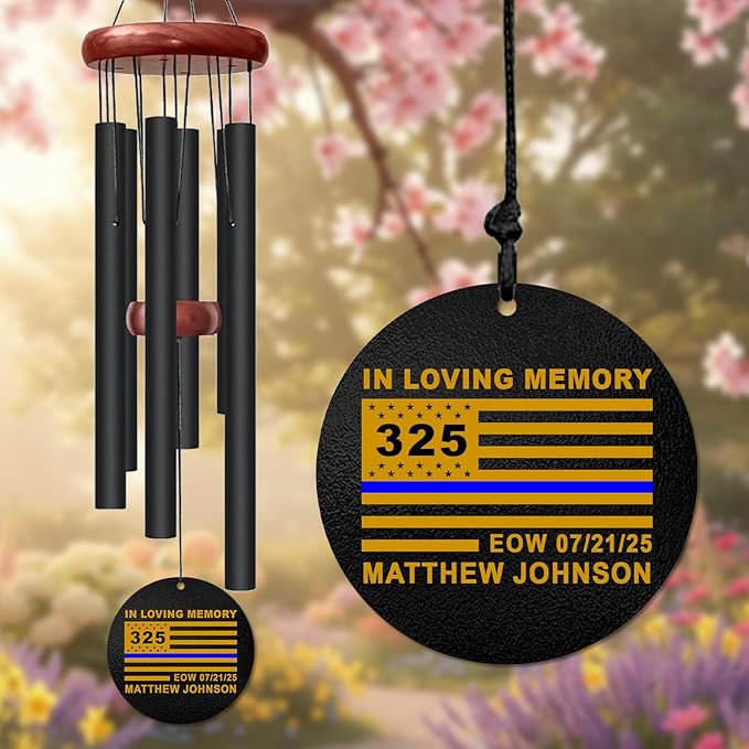 Personalized Police Memorial Wind Chime – “Blue Line Tribute” Fallen Officer Windchime – Custom Engraved Badge Number, Name & Eow Date – Law Enforcement Sympathy Gift – Windchime for Heroic Service