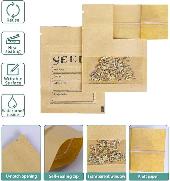 FERENLI 100 Pack Seed Envelopes Packets with Clear Window 2.7x3.7 inch Small Resealable Brown Kraft Paper Bags with Preprinted Collecting Template for Storage Organizing Flower Vegetable Seeds