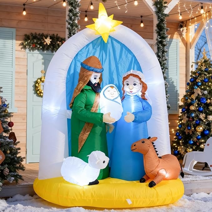 6 Feet Indoor Outdoor Nativity Scene Inflatable Christmas Decor , LED Lights Holiday Garden Yard Lawn Decoration, Xmas Blow up Decoration,Featuring Mary Joseph Baby Jesus with Cute Sheep and Deer