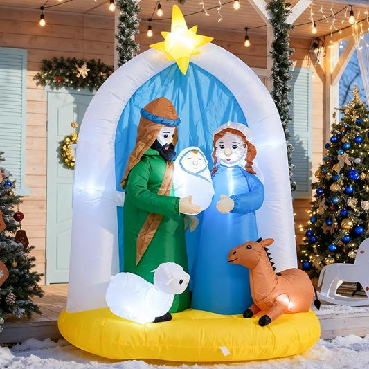 6 Feet Indoor Outdoor Nativity Scene Inflatable Christmas Decor , LED Lights Holiday Garden Yard Lawn Decoration, Xmas Blow up Decoration,Featuring Mary Joseph Baby Jesus with Cute Sheep and Deer
