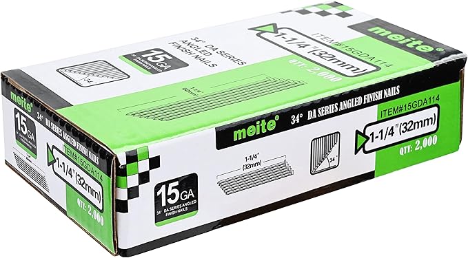 meite 15 Gauge Finish Nails 1-1/4-Inch 34 Degree Angled Galvanized Finishing Nails for Electric or Pneumatic Nailer Gun - No-Rust DA Nail for Cabinet Building Window Trim Fine Woodworking, 16,000PCS