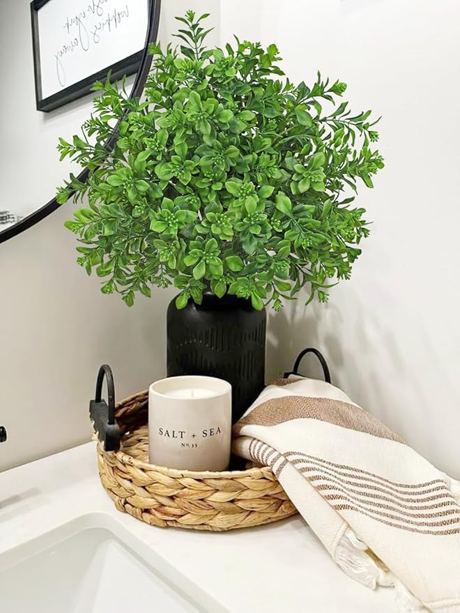 Artificial 5Pcs Faux Seeded Eucalyptus Leaves Stems Fake Plants Sharp UV Resistant Faux Plastic Boxwood for Kitchen Office Garden Porch Farmhouse Window Box Home Decor