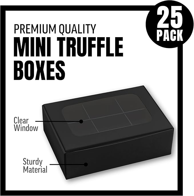 25 pcs Black Mini Truffle Box for 6 treats with Window and Dividers, Bakery Boxes, 5 x 3.5 x 1.57 Inches VERY SMALL Baking Boxes, Square Truffles Box Decorating Supplies for Gift Giving