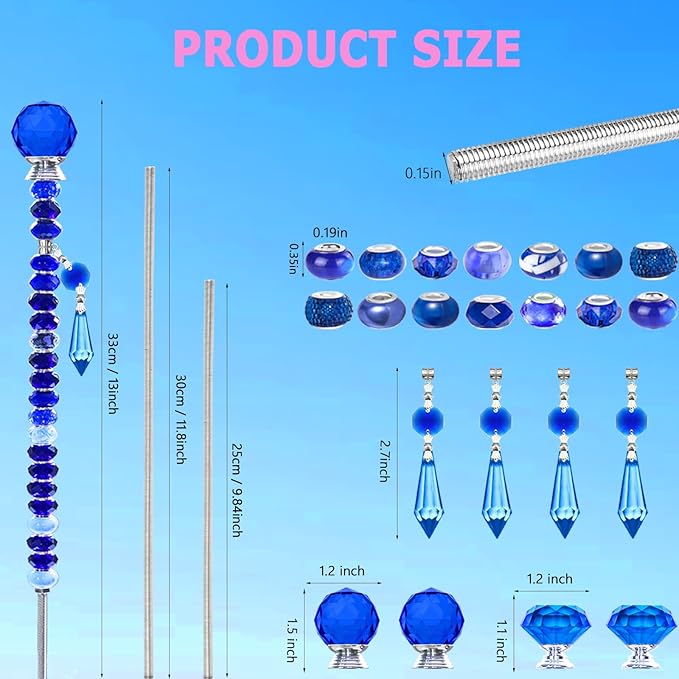 Exway 100 PCS DIY Fairy Wand Beaded Garden Stake Beads Kits with Dark Blue Large Hole Beads 4 Crystal Stopper Top Threaded Rods and 4 Dark Blue Sparkling Crystal Pendants for Outdoor Indoor Decor