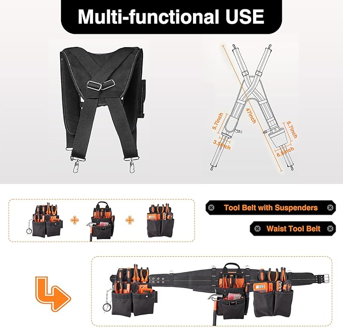 Tool Belt With Suspenders - Tool Belts for Men, 22 Pockets Tool Belt, Heavy Duty Tool Organizer for Framers Carpenter Electrician Construction Woodworker Orange