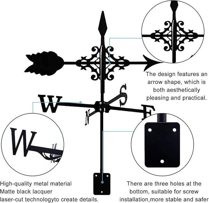Metal Weather Vane Black Wind Vanes Indicator Wind Measuring Tool Weathervane Roof Mount for Gardens Outside Farmhouse Farm Barn Sheds Patio Decorations