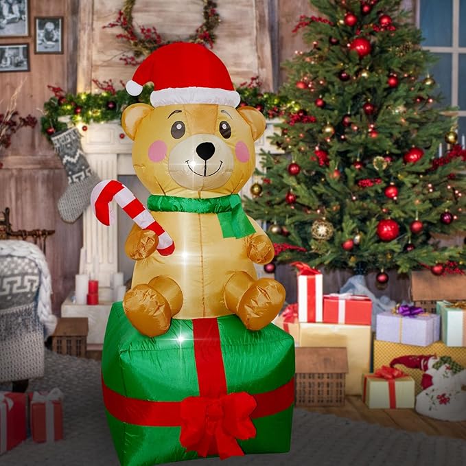 Christmas Inflatables Bear on Gift Box Lighted Yard Lawn Inflatable Decoration with Built-in Fan and Stakes Ropes Holiday Party Decor, Christmas Decor (5FT- Bear on Giftbox)