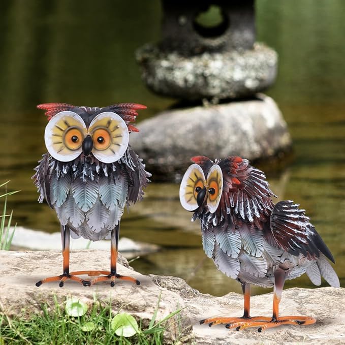 hogardeck Owl Garden Decor Outdoor Statues, Large Metal Bird Standing Yard Art, Lawn Sculptures Ornaments for Outside Patio Pond Backyard, Holiday Sympathy Gifts for Grandma Mom