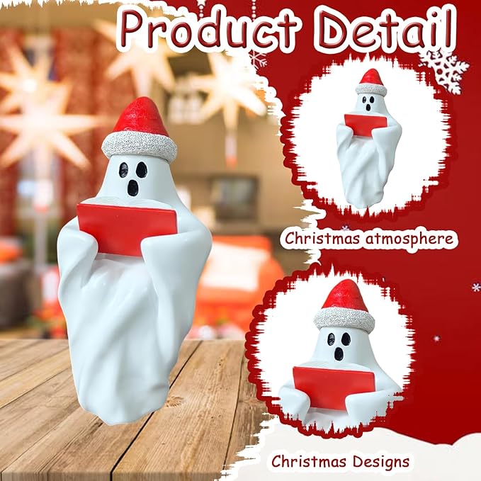 Christmas Figurine Cute Funny Figurines with Xmas Hat Read a Book Design Unique Ghost Xmas Indoor Decorations for Christmas Decor Home OfficeTable Bedroom Desktop Display Ornaments 1 PCS