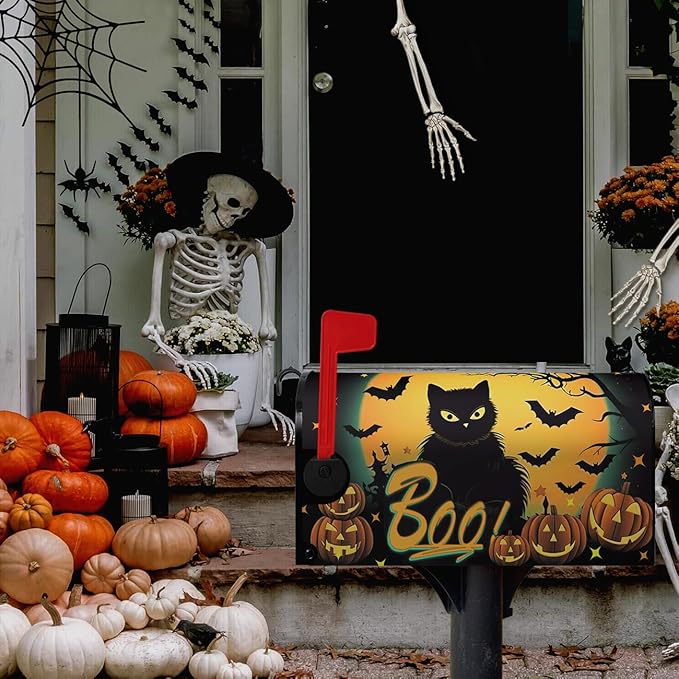 Halloween Mailbox Covers Black Cat Moon Pumpkin Magnetic Mailbox Wrap Castle Boo Spider Bat Mail Post Box Cover Standard Size 21x18 Inch for Garden Yard Decor