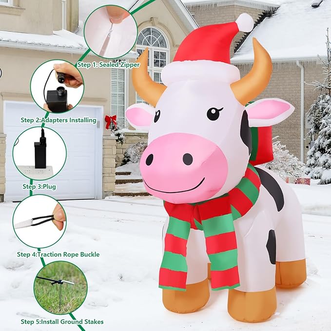 COMIN 5.9 FT Christmas Inflatables Outdoor Decorations Inflatable Cow with LEDs,Quick Blow Up with Built-in LEDs for Yard Party Lawn Decor