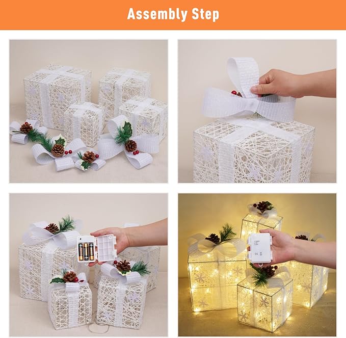 Christmas Lighted Gift Boxes, Pre-lit Present Boxes Set of 3 with Different Sizes, Battery Operated Snowflake Light up Decorations for Holiday Indoor Outdoor (4 Pack)