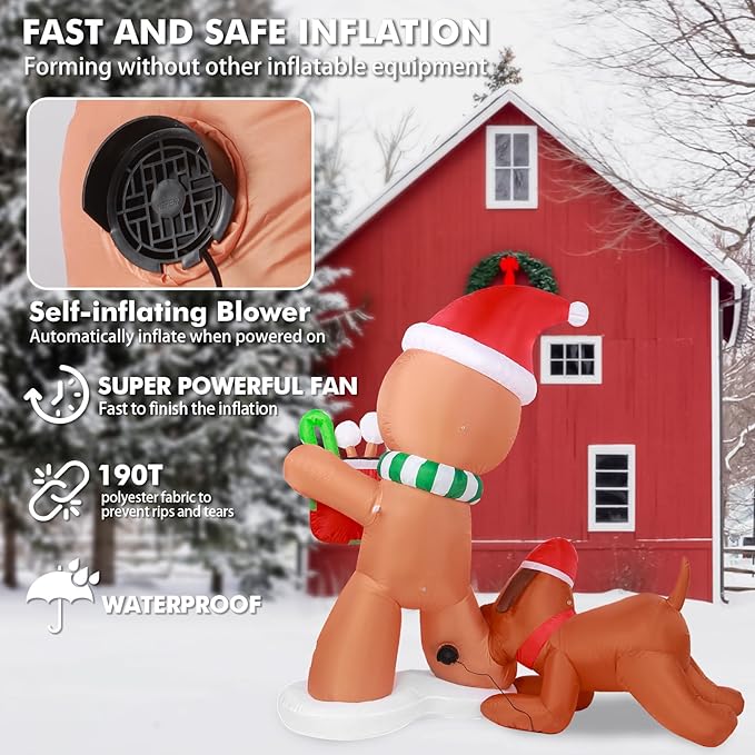 5FT Christmas Inflatable Gingerbread Man & Dog Outdoor Decoration, Christmas Funny Blow Up Yard Decoration, Built-in LED Lights Inflatables Xmas Holiday Décor for Indoor Lawn Garden