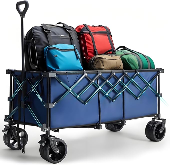NEWBULIG Collapsible Wagon Cart - 440lbs Foldable Extra Long Heavy Duty Utility Wagon with Wheels, Portable Storage Grocery Cart for Camping, Shopping, Sports, Beach, Garden