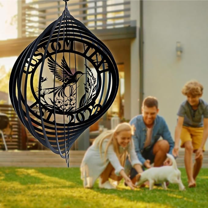 Personalized Hummingbird Metal Wind Spinners, Custom Family Name Garden Wind Spinners, Hanging Outdoor Decor, Yard Art, Hanging Wind Spinner for Indoor Lawn Patio Porch, Housewarming Gift Color06