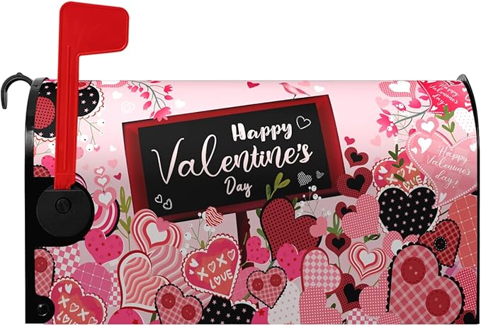 Happy Valentine's Day Mailbox Cover - Red Love Heart Magnetic Mailbox Cover - Floral Holiday Letter Post Box Wrap - Standard Size 18" X 21" for Garden Outdoor Yard Decor