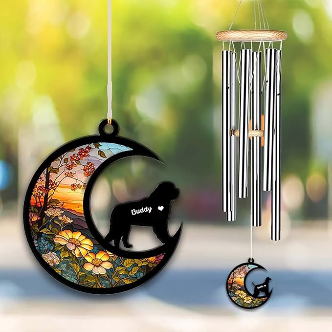 Saint Bernard Sun Catcher Wind Chime, Custom Sunflower Suncatcher Dog Memorial Wind Chime, Dog Loss Gift, Dog Sympathy Gift, Pet Loss Suncatcher, Outdoor Garden Decor