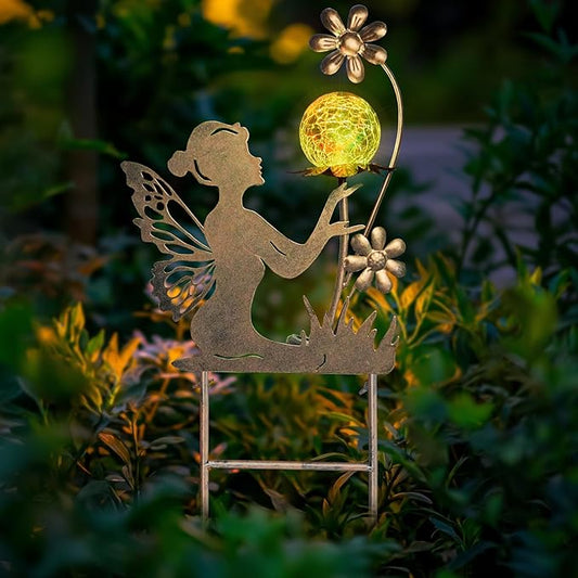 HONGLAND Fairy Solar Lights Garden Decor for Outside, Fairy Figurine Moon Lights Stake Housewarming Gifts for Patio Lawn Yard Pathway Outdoor Home Decor- Unique Gardening Gifts for Women Mom Grandma