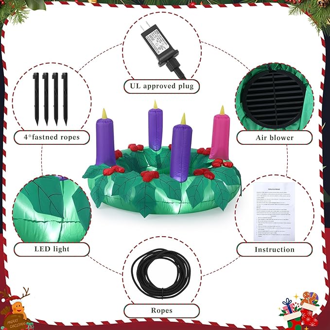 6ft Christmas Outdoor Large Inflatable Advent Wreath Blow up Decor with 4 Candles & LED Lights, Pre Filled Sandbags & Blower for Yard, Church, Lawn Decoration