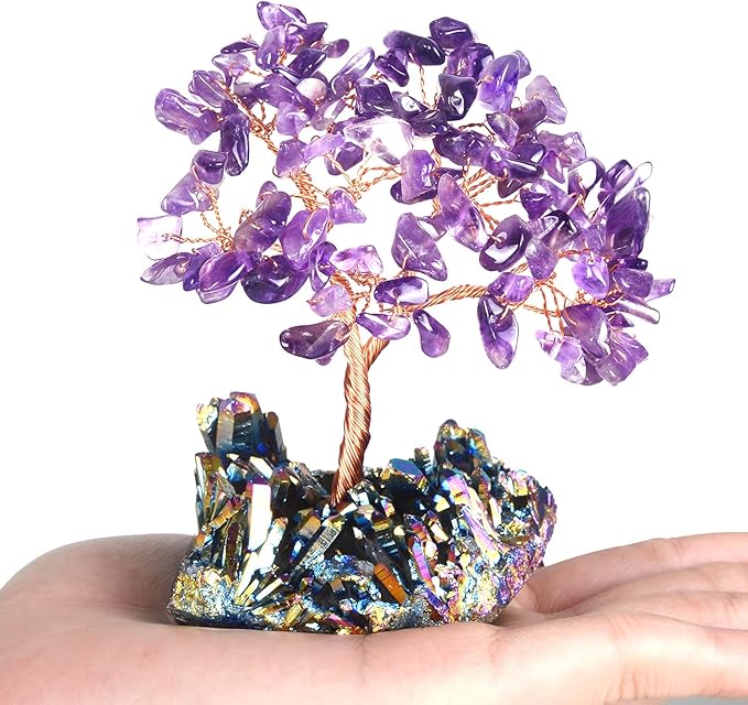 Natural Amethyst Crystal Tree, Quartz Cluster Rainbow Titanium Crystals Base, Feng Shui Bonsai Money Tree for Wealth and Luck