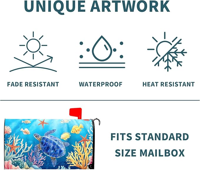 Sea Turtle Mailbox Cover Magnetic 21x18 Inch- Summer Ocean Blue Tortoise Starfish Coral Mailbox Wrap Post Cover Standard Size for Garden Yard Outdoor Outside Seasonal Decor