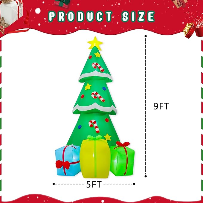 9FT Christmas Inflatables Tree Outdoor Decoration, Indoor Gift Boxes Lighted Party Decoration, Blow Up Decor with Built-in LED Lights Suitable for Lawn/Yard/Garden/Porch