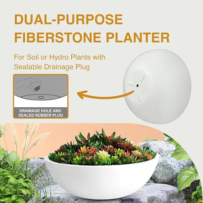 7.7"H x 22"D Round Bowl Fiberstone Planter for Succulent and Lotus - Christmas Tree Planter, Weather Resistant for Indoor & Outdoor Use, Included 2 Extra Coco Mats (White, 19.9" Pot Opening)