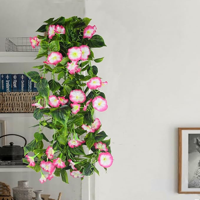 CISDUEO 2 Pcs Artificial Vines Silk Morning Glory Vines for Outdoor 15Feet Hanging Plants Garland Pink Fake Green Plant Morning Glories for Home Decor Wall Fence Stairway Wedding Hanging Baskets