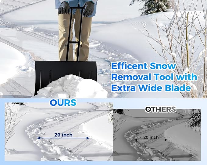 Garvee 29" Snow Pusher Shovel with Wheels,Heavy Duty Steel Snow Shovel with Wheels,Angled Blade Efficient Snow Removal With5-Position Angled Blade & Adjustable Handle for Doorway, Sidewalk,Black