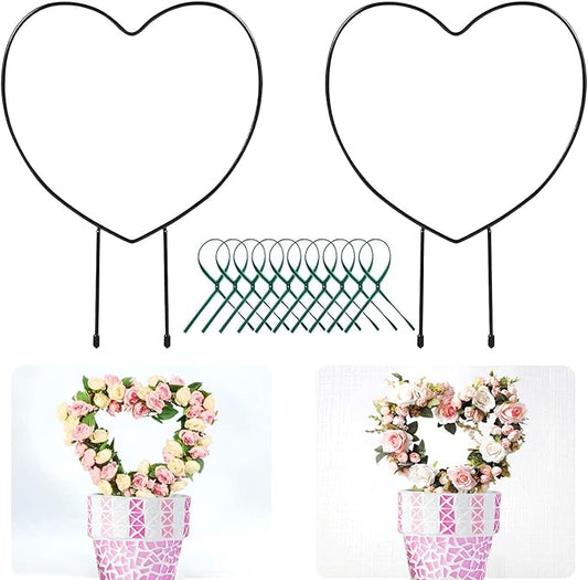 Legigo 2 Pack Black Metal Plant Trellis for Climbing Plants- 13" Iron Heart Trellis Plant Vine Stem Support Wire, Plants Climbing Holder Rack with 10 Plant Twist Tie for Potted Plants Flowers Indoor