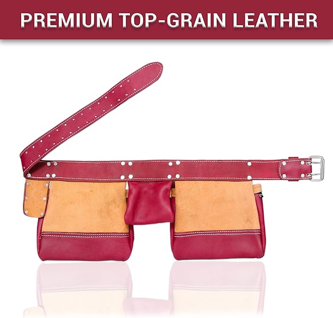 FUERI 11 Pocket Leather Tool Belt fot Men, Comess with Dual hammer holster Organizer for Carpenter, Construction, Electrician