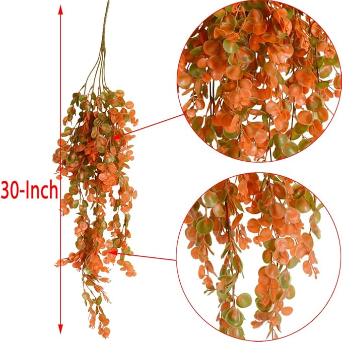 6pcs Artificial Hanging Fall Plants Fake Hanging Plant Faux Eucalyptus Leaf Greenery Vine Outdoor UV Resistant Plastic Plants (6, Fall Orange)