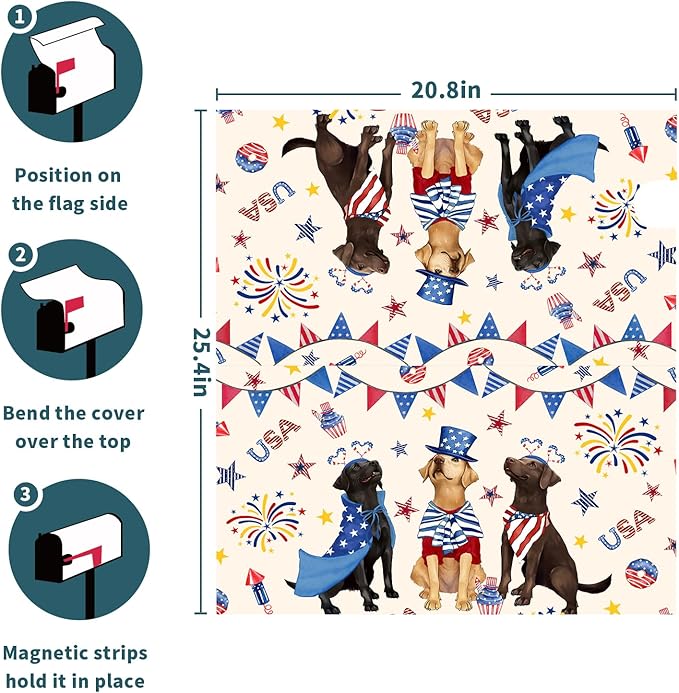 25.5"x21" Patriotic Dogs Mailbox Cover Magnetic 4th of July Puppy Waterproof Mailbox Wrap Independence Day USA Stars Letter Post Cover Large Size for Garden Yard Outdoor Decor